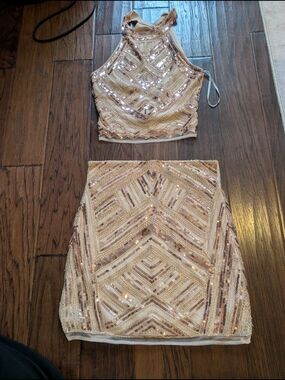 Lulus Rose Gold Sequin Crop Top & Mini Skirt Coords